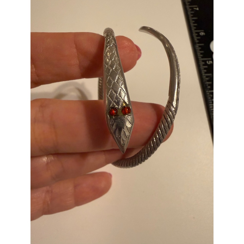Silver Tone Textured Snake Bypass Bangle Bracelet Red Rhinestone Eyes Wrap Style